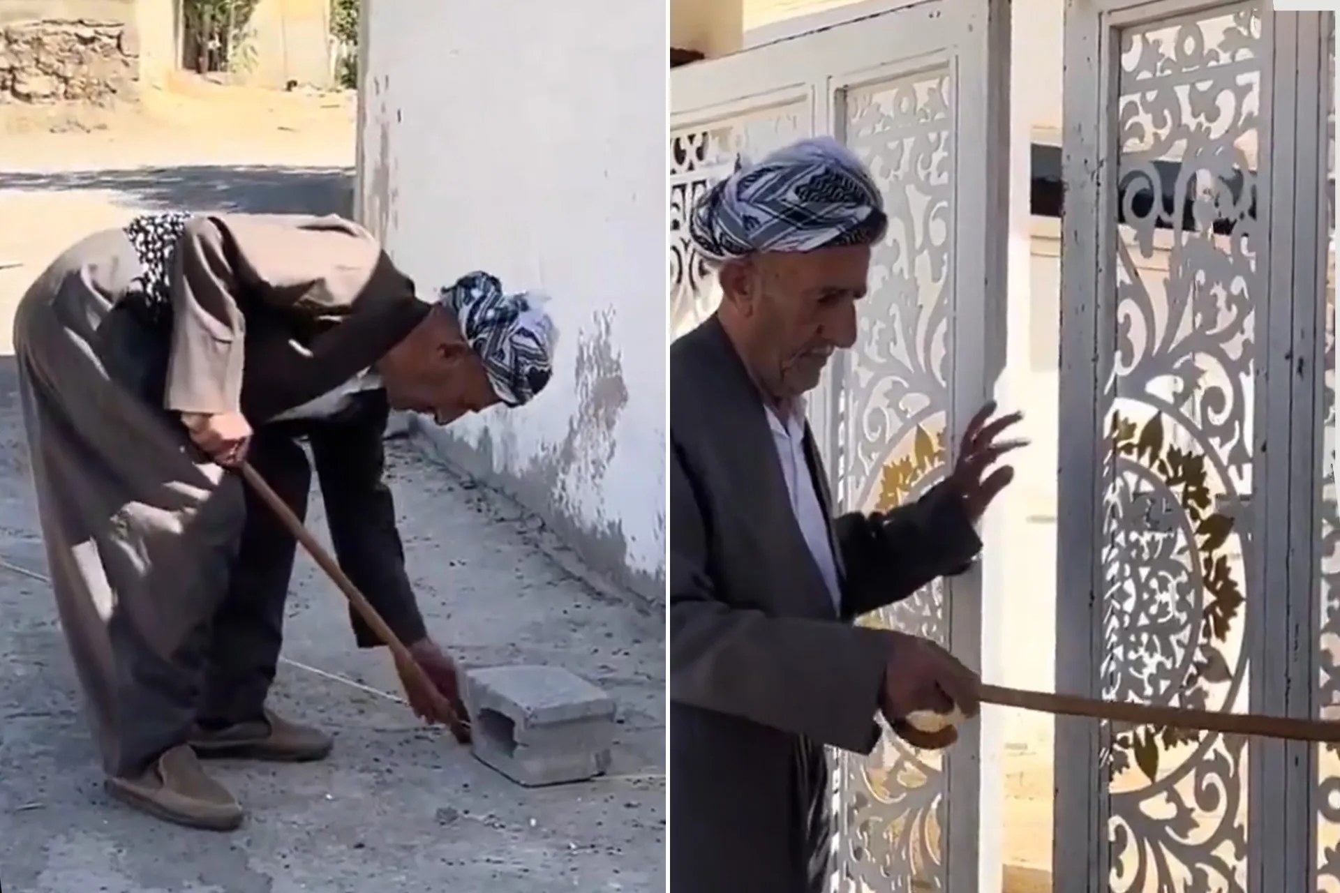 مسن فقد بصره في العراق يستعين بخيط للوصول إلى المسجد والعودة منه