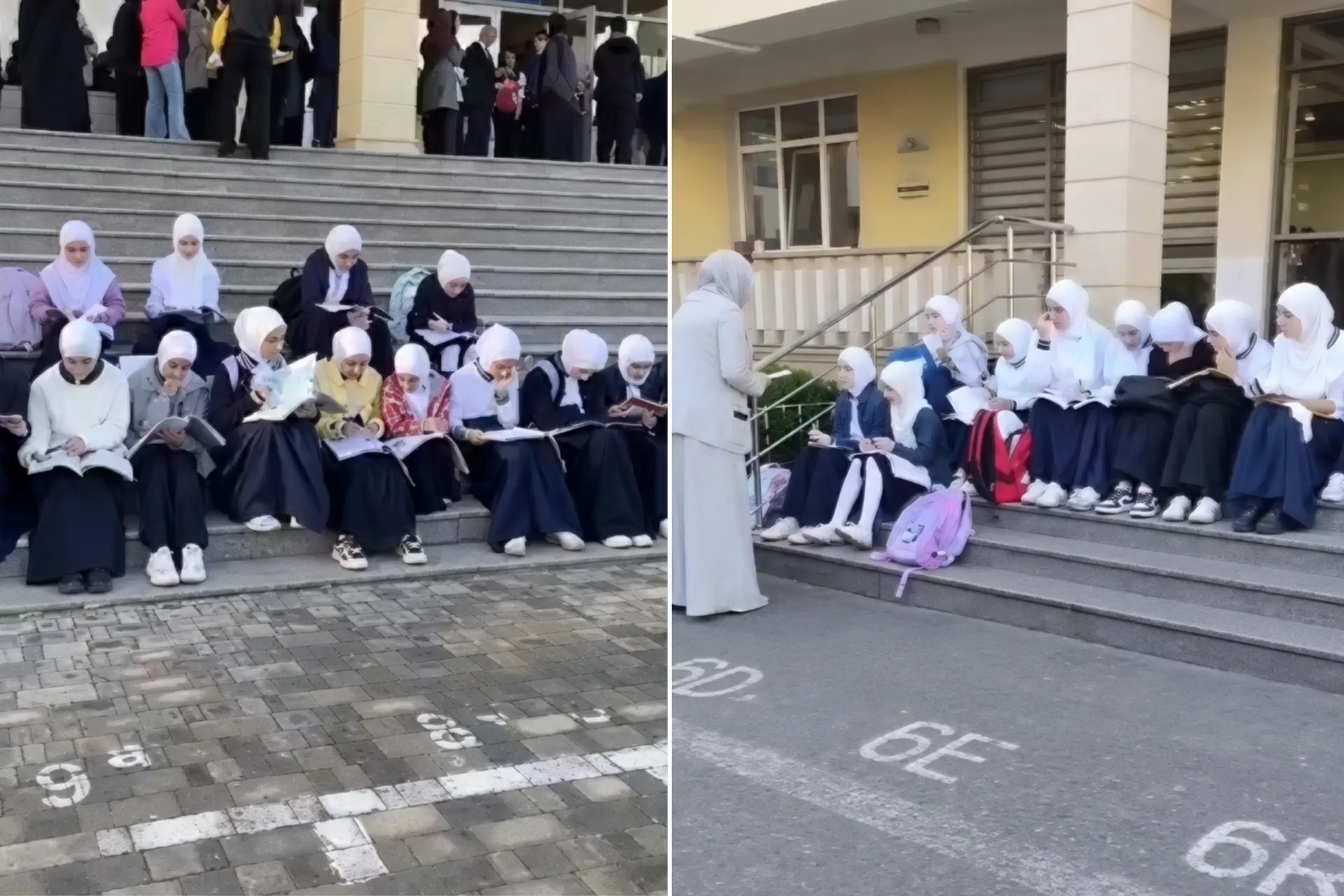 طالبات يتابعن الدروس ومعلمات يدرّسن أمام مدارس أذربيجان بعد منع دخولهن